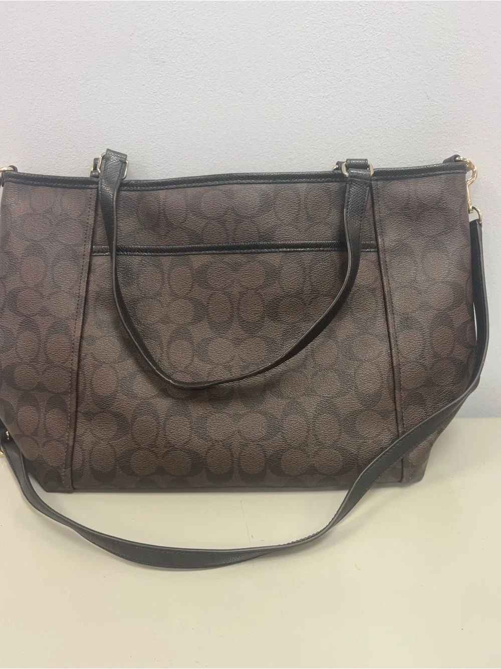 Coach Brown Signature Canvas Tote with Dark Leather Trim